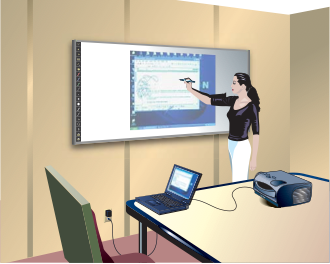 Artists rendering of an instructor using an Eno interactive whiteboard